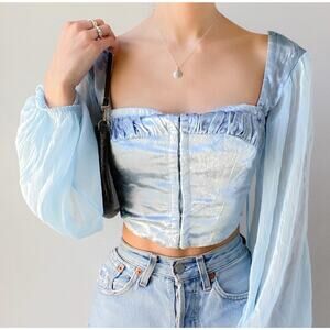 Urban Outfitters UO Blue Velvet Corset Crop Top Sheer Long Sleeve Coquette Small